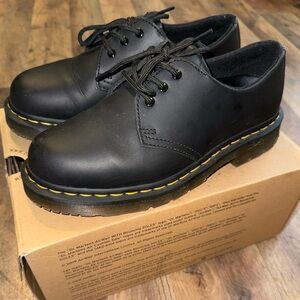 Dr. Martens Black Leather Oxfords with Yellow Stitching